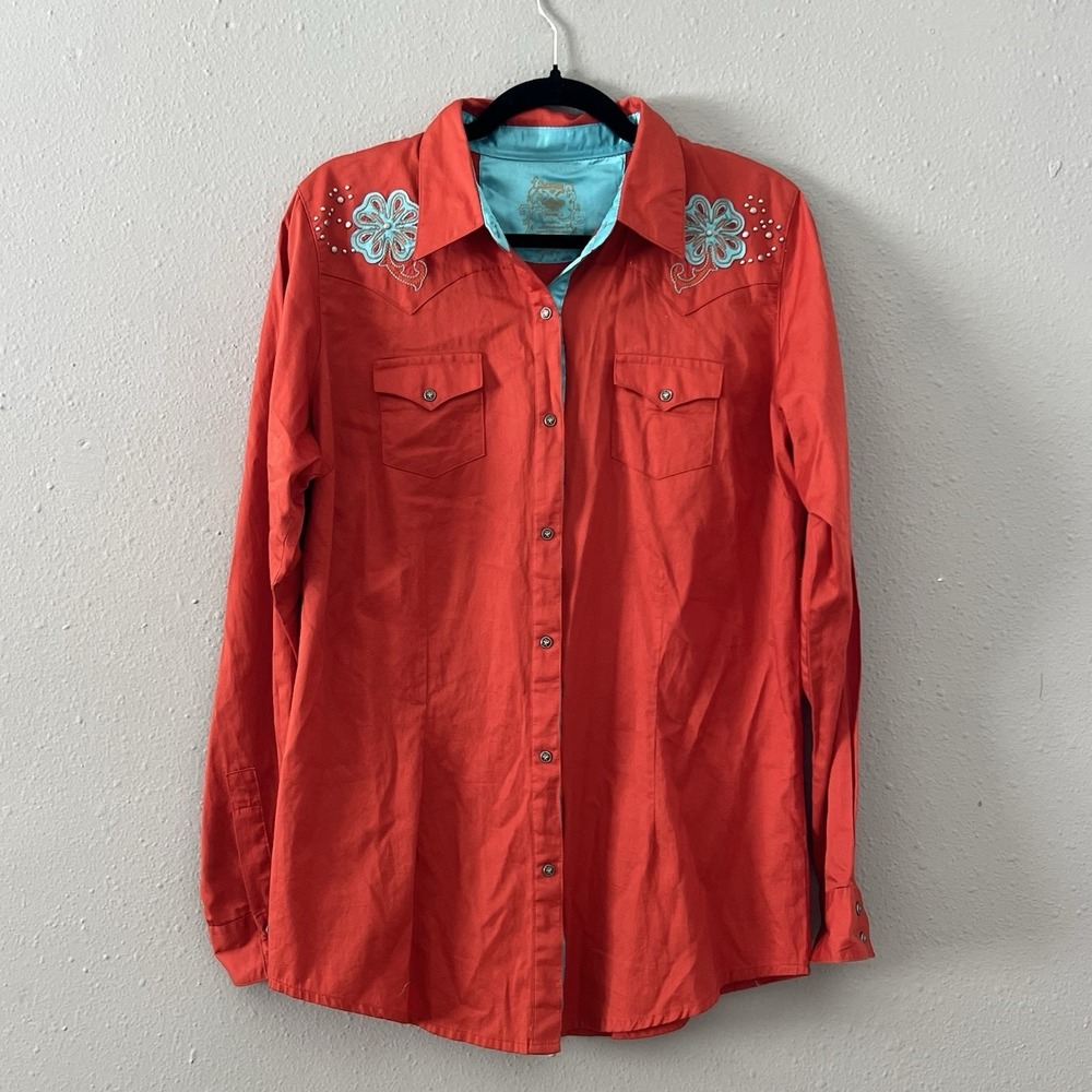 Twenty X Red Orange Snap Western Shirt Women's L Embroidered Studded Rodeo